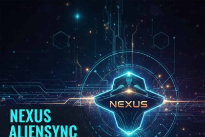 A futuristic computer setup displaying the nexus aliensync interface connecting multiple devices with glowing blue data lines.