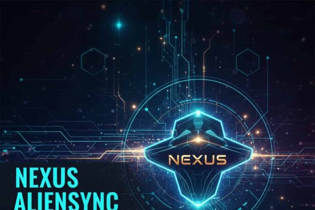 A futuristic computer setup displaying the nexus aliensync interface connecting multiple devices with glowing blue data lines.