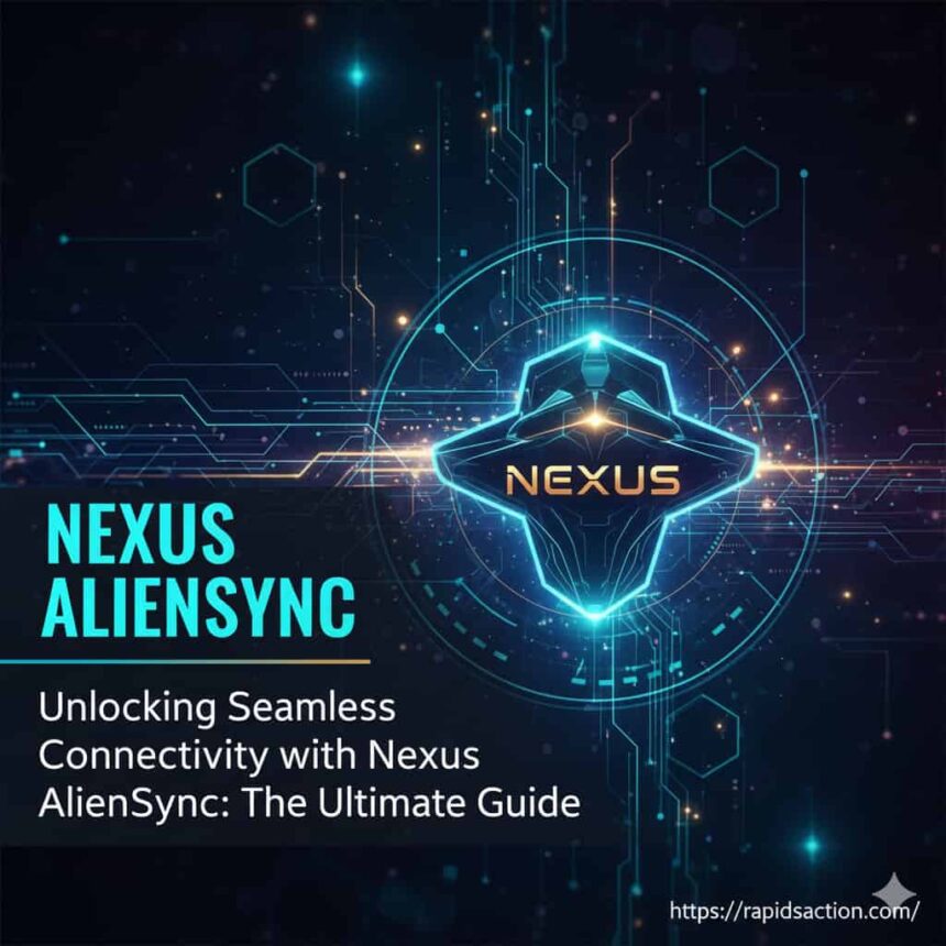 A futuristic computer setup displaying the nexus aliensync interface connecting multiple devices with glowing blue data lines.